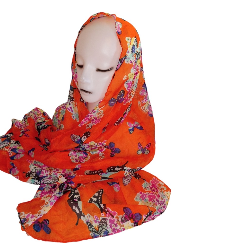 Orange Butterfly Floral Print Lightweight Sheer Scarf Rectangular Wrap Shawl